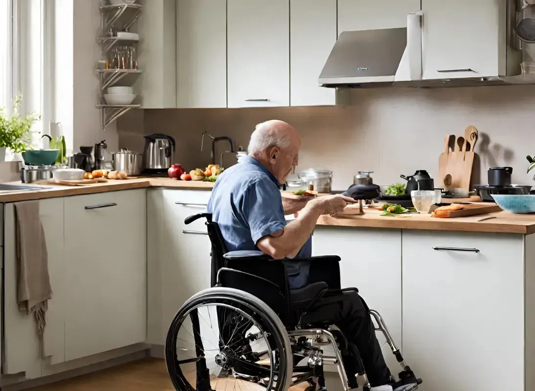 Illustrative scene of an older adult using a wheelchair at an accessible kitchen counter