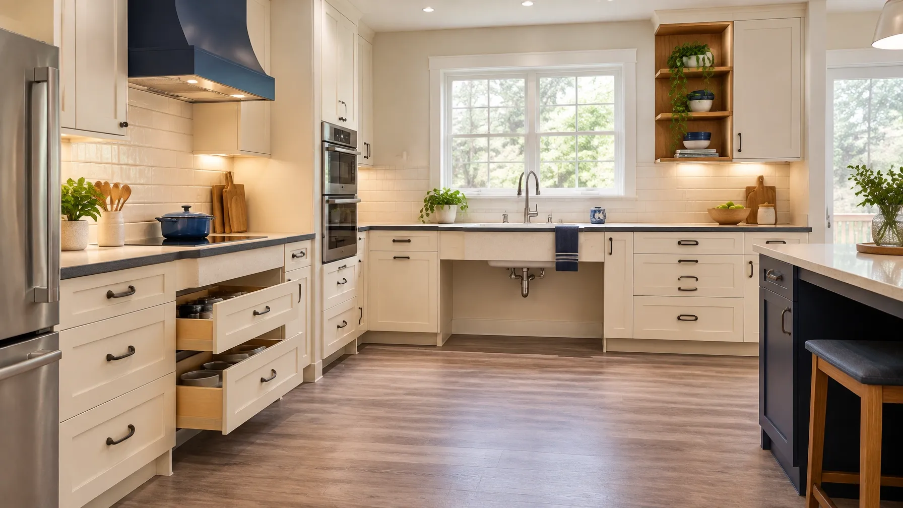 Illustration of an adapted home kitchen with lowered work surface, reachable drawers, and open wheelchair turning space.