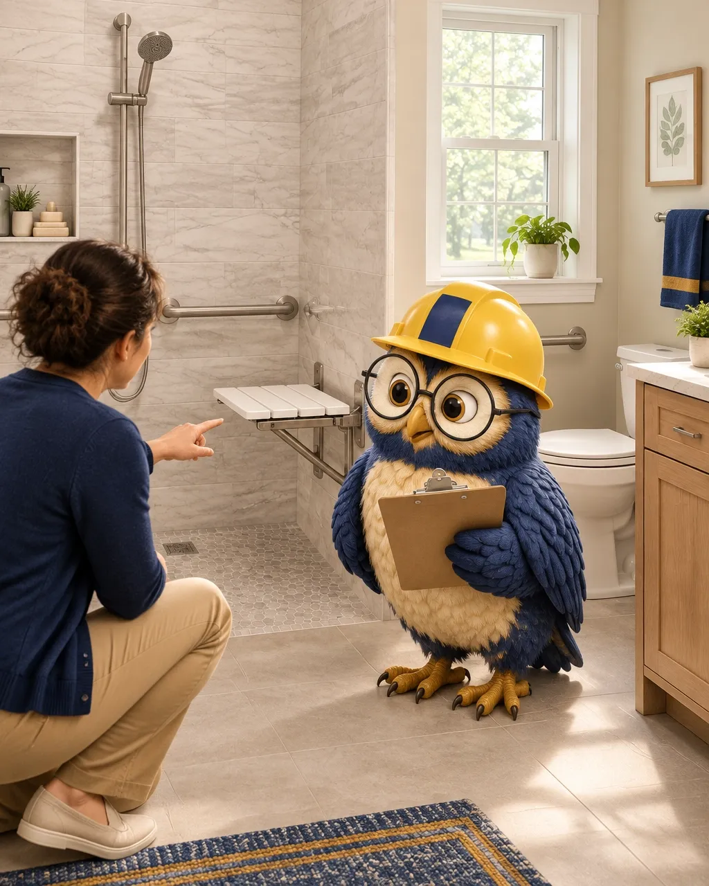 Illustration of SAGE guiding a family caregiver through bathroom safety features.