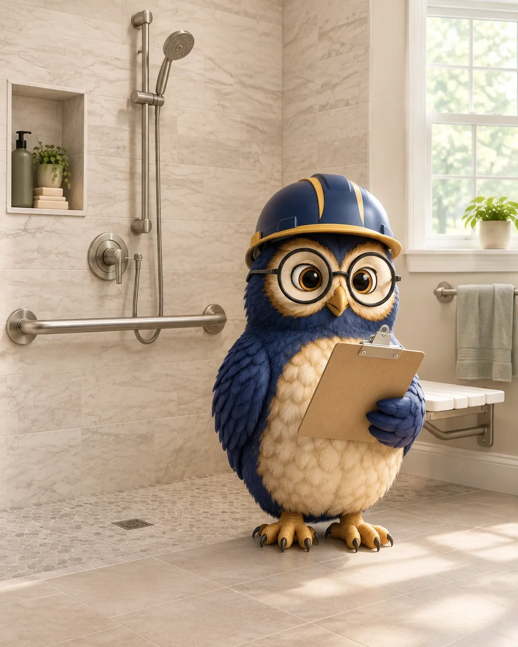 Illustration of SAGE in a residential bathroom beside a grab bar and shower seat; educational visual, not a client photo or ADA compliance certification.