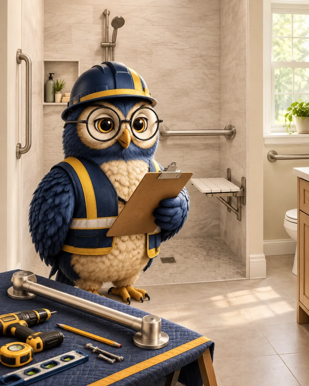Illustration of SAGE reviewing grab-bar installation tools and safety details in a bathroom.