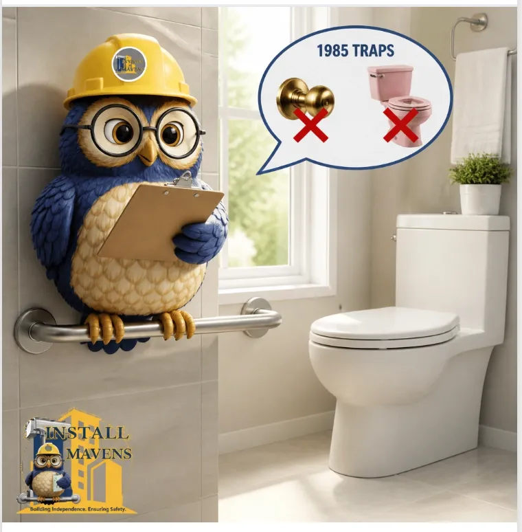 SAGE, the realistic Install Mavens owl in a yellow hard hat, reviewing a clipboard beside an accessible bathroom grab bar