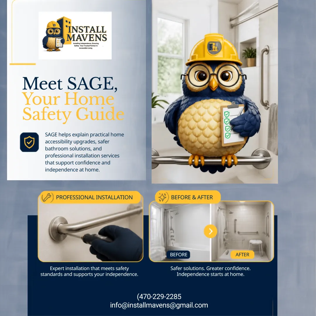 Illustrated Install Mavens home safety guide featuring SAGE, a professional installation detail, and a before-and-after grab bar example
