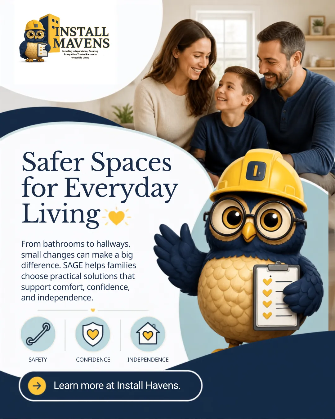 Illustrated family and SAGE graphic about safer spaces, confidence, and independence at home