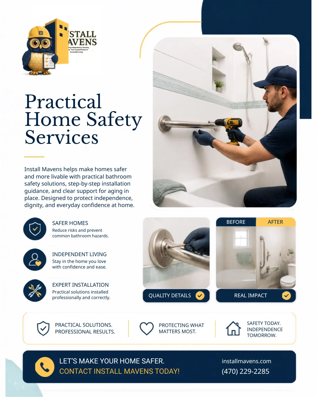 Illustrated home safety installation graphic showing a worker using a drill beside a bathroom grab bar